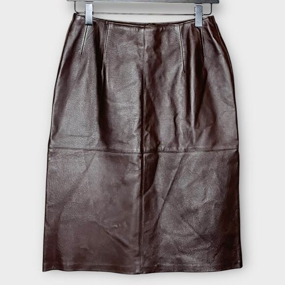 NYGARD genuine leather dark brown knee length a line skirt size 4 lined luxury - Picture 2 of 4